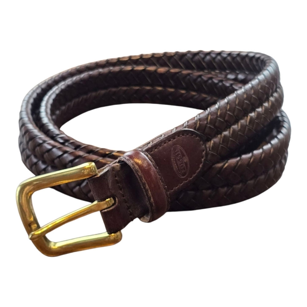 Fossil Brown Braided Leather Belt with Gold Buckle